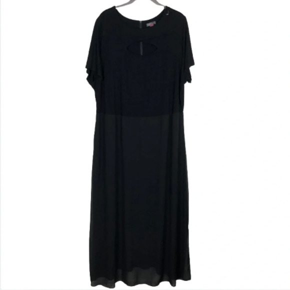 2/$30 Vince Camuto Dress 2X Black Maxi Chiffon Overlay Keyhole Front Long - Picture 1 of 16